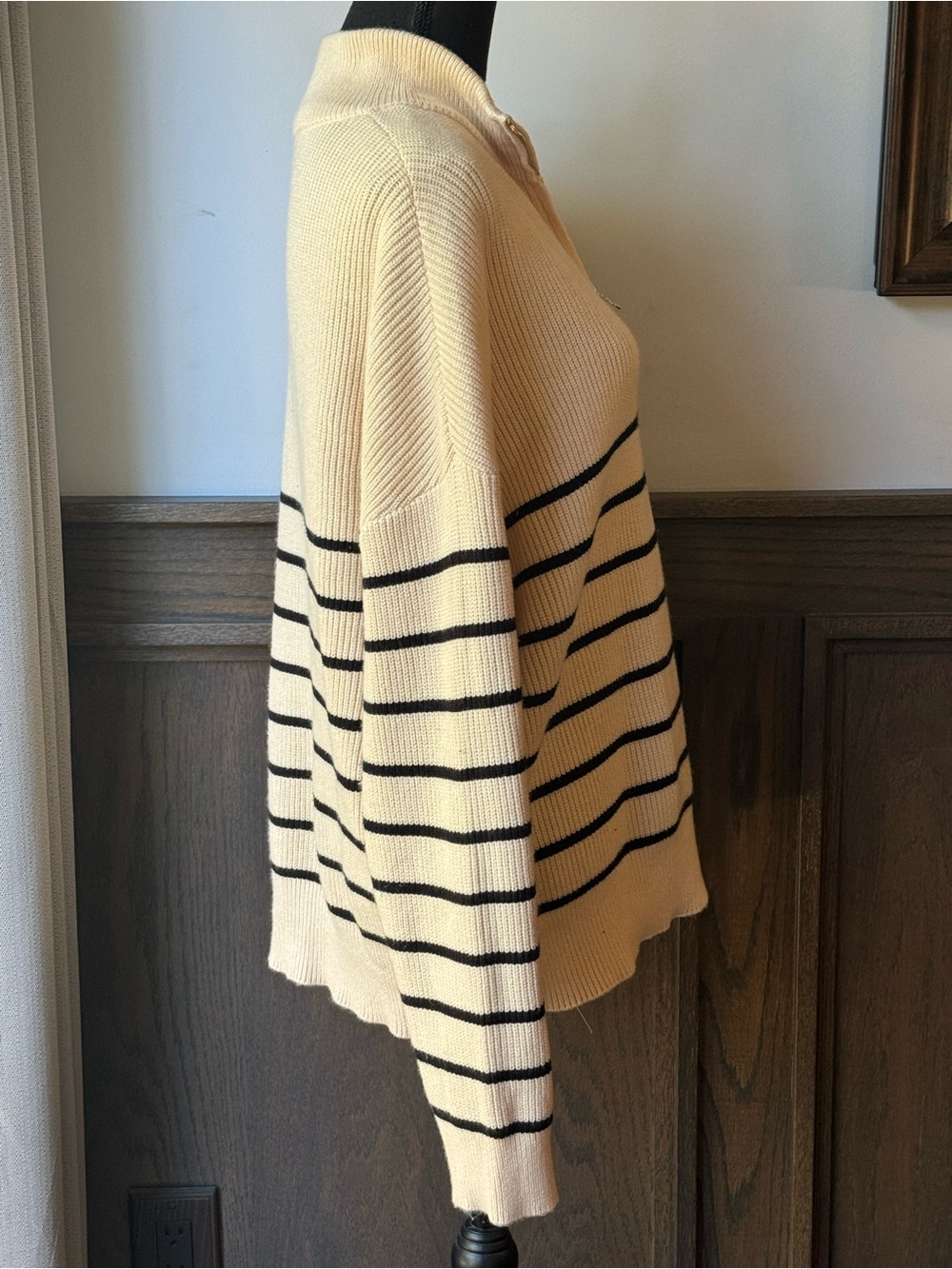 Quarter-Zip Striped Turtleneck Sweater - Cream/Black - Picture 6 of 8